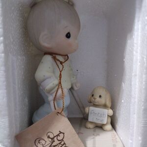Precious Moments Child with Puppy Figurine - Cream and Blue
